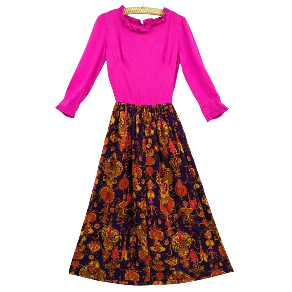 SALE! Vintage 1970's HANDMADE MAXI DRESS Neon Hawaiian Crepe & Flannel Fabric